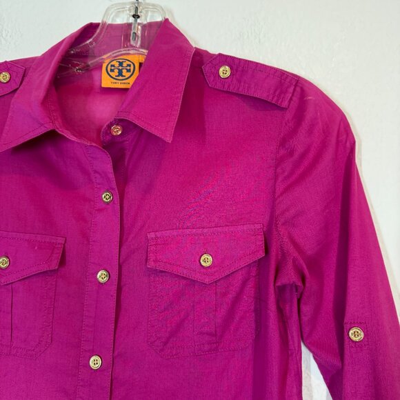Tory Burch Button Down Shirt Blouse Long Sleeve Roll Tabs Pink Purple Cotton 2 - Picture 3 of 10